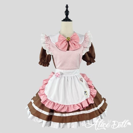 メイド服 メイド ワンピース エプロン カチューシャ 猫の肉球 ストライプ 半袖 ミニ丈 コスプレ ドレス