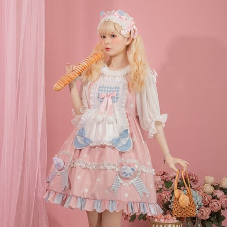 ロリータ メイド服 ジャンパースカート ワンピース エプロン付 ショート丈 メイド お姫様 ロリータドレス 姫 クマ ぬいぐるみ