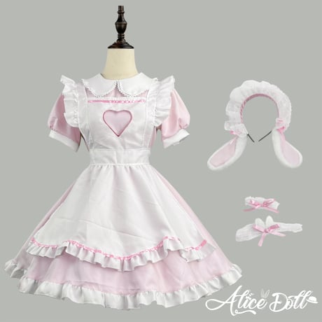 ロリータ メイド服 セット ゆめかわいい うさ耳 ハート ワンピース エプロン カチューシャ 半袖 ミニ丈