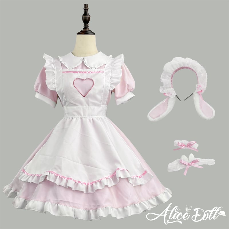 ボールロリータ ドレス ハート型エプロン付き メイド衣装 可愛いドレスお嬢様仮装 ロリータ メイド服 セット ゆめかわいい うさ耳 ハート ワンピース