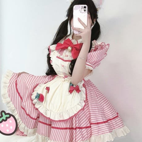 メイド服 ワンピース エプロン セット 半袖 レース フリル 甘ロリ いちご ストライプ レディース 甘かわいい