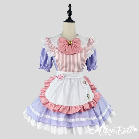 メイド服 メイド ワンピース エプロン カチューシャ 猫の肉球 ストライプ 半袖 ミニ丈 コスプレ ドレス