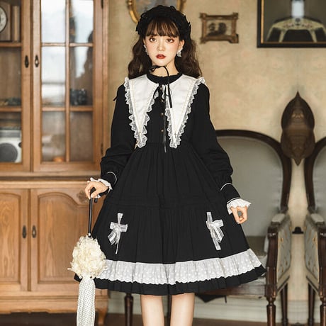 ロリータ ゴシック ワンピース 秋 冬 黒ロリ ゴスロリ クロス 十字架 日常使い 長袖レース フリル Lolita