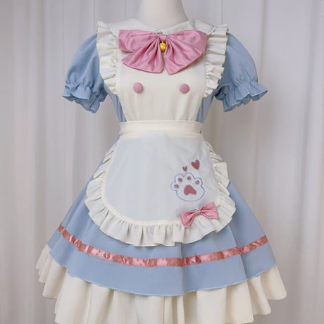メイド服 メイド ドレス ワンピース エプロン リボン セット 半袖 猫の肉球 フリル 可愛い ミニ丈 メイドカフェ コスプレ