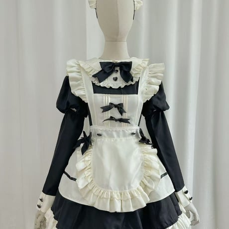 クラシカル メイド服 ワンピース Lolita エプロン カチューシャ 付け袖 2way 半袖 長袖 ミニ丈