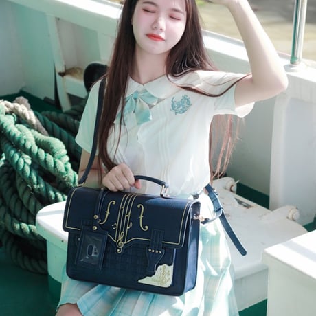 学園風 バッグ ロリータ ゴシック 音符刺繍 カバン 鞄 JK 通学 レディース PU 制服バッグ 3WAY