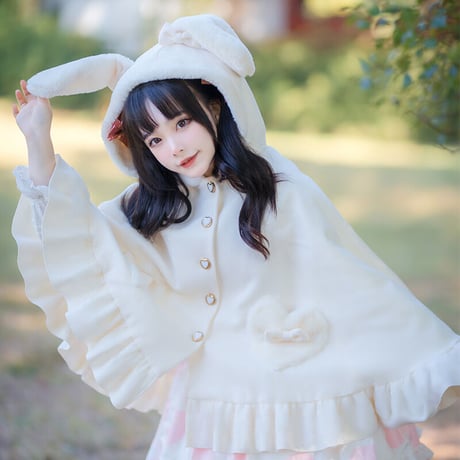 ロリータ 姫系 ポンチョ コート アウター リボン フリル ウール 原宿 ファション ウサギ耳 兎