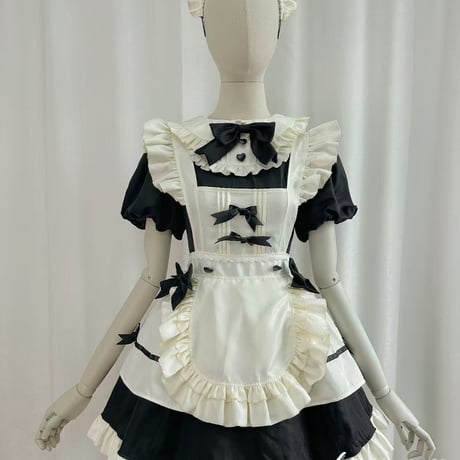 クラシカル メイド服 ワンピース Lolita エプロン カチューシャ 付け袖 2way 半袖 長袖 ミニ丈