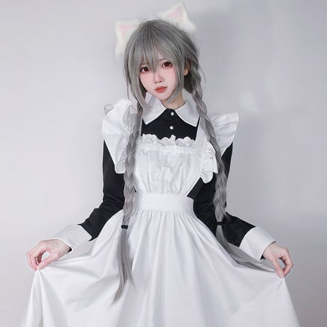 高品質 メイド服 エプロン クラシック ロング ロリータ 3点セット 長袖 半袖 コスプレ  体型カバー