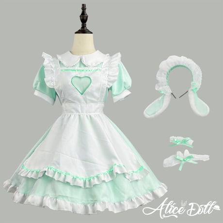 ロリータ メイド服 セット ゆめかわいい うさ耳 ハート ワンピース エプロン カチューシャ 半袖 ミニ丈
