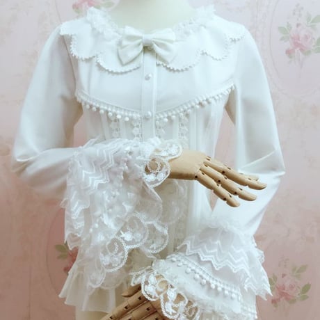 ロリータ レース トップス シャツ ブラウス 姫系 レトロ ベル・スリーブ 長袖 フォーマル フリル スリム エレガント ホワイト XS S M L XL 2XL