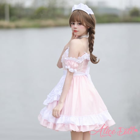 メイド服 かわいい オフショル風 ノースリーブ ワンピース ドレス エプロン カチューシャ ロリータ セクシー
