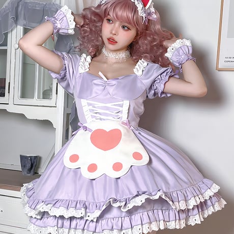 メイド服 猫耳メイド ワンピース エプロン ヘッドドレス 豪華セット 半袖 ミニ丈 可愛い 萌え 肉球 セクシー