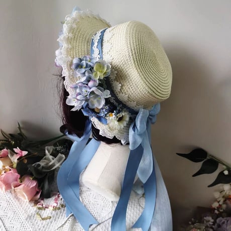 ロリータ 麦わら 帽子 ゴスロリ ゴシック ハンドメイド カンカン帽 ストローハット 春 夏 甘ロリ 華ロリ 欧風