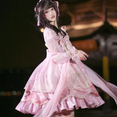 中華ロリータ 桜 幻想的 ゆめかわいい ロリィタ ワンピース コスプレ アイドル チャイナドレス 衣装 長袖 半袖