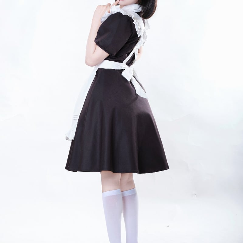 メイド服Mリポンタイ付きクラシカルワンピースと白ラウンドエプロン メイド服 ロング 衣装 長袖 エプロン クラシカル ロイヤルメイド