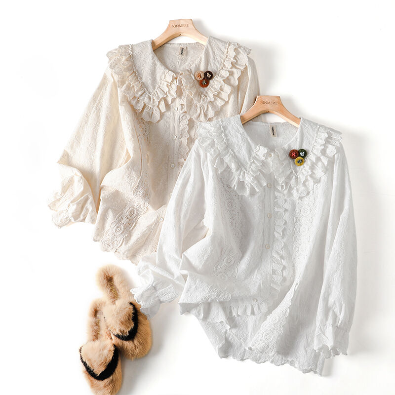 ブラウス ロリータ 森ガール 春夏 刺繍 ブローチ付 長袖 レディース