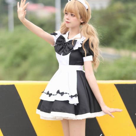 ゆめかわいい メイド服 セット ワンピース エプロン カチューシャ 半袖 ミニ丈 ミニスカ フリル リボン