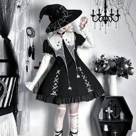 ゴスロリ ワンピース 半袖 長袖 2way 病みかわ クモ 魔女 暗黒 Lolita ロリータ 黒ロリ ハロウィン コスプレ 小悪魔