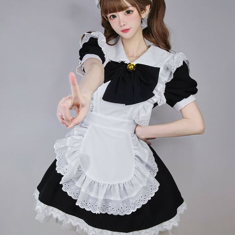 メイド服 ワンピース レース ヘアドレス付き 半袖 ゴスロリ ゴシックロリータ コスプレ ふんわり かわいい