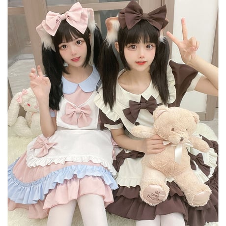メイド服 エプロン コスプレ 甘ロリータ 3点セット 半袖 長袖 かわいい カチューシャ ロリータ ワンピース メイド