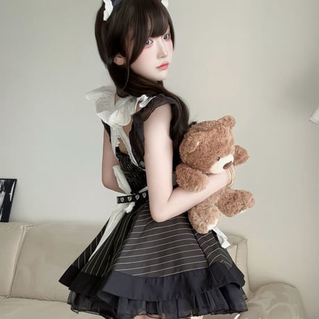 メイド服 セット レディース かわいい クラシカル 黒白 ミニ丈 コスプレ 衣装 ワンピース＋エプロン＋カチューシャ付き