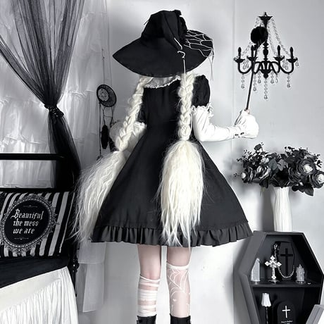 ゴスロリ ワンピース 半袖 長袖 2way 病みかわ クモ 魔女 暗黒 Lolita ロリータ 黒ロリ ハロウィン コスプレ 小悪魔
