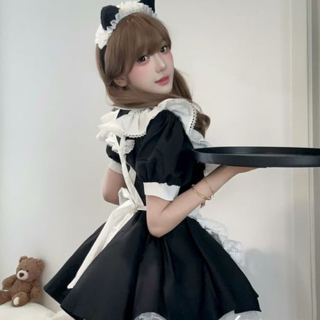 クラシカル メイド服 ワンピース エプロン 猫耳カチューシャ付き セット コスプレ衣装 ロリータ風