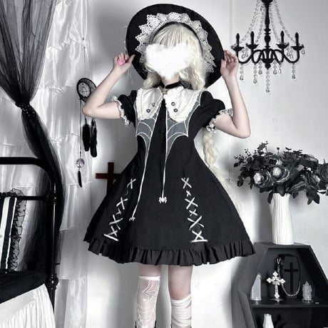 ゴスロリ ワンピース 半袖 長袖 2way 病みかわ クモ 魔女 暗黒 Lolita ロリータ 黒ロリ ハロウィン コスプレ 小悪魔