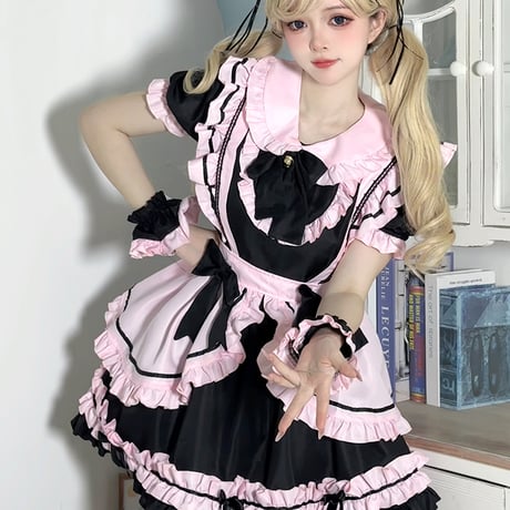 メイド服 猫耳メイド 4点セット ロリータ ドレス ワンピース メイド エプロン リボン 猫耳カチューシャ付き