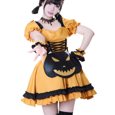 ハロウィン メイド服 小悪魔 かぼちゃ メイド ワンピース エプロン ヘッドドレス 豪華セット 半袖 ミニ丈