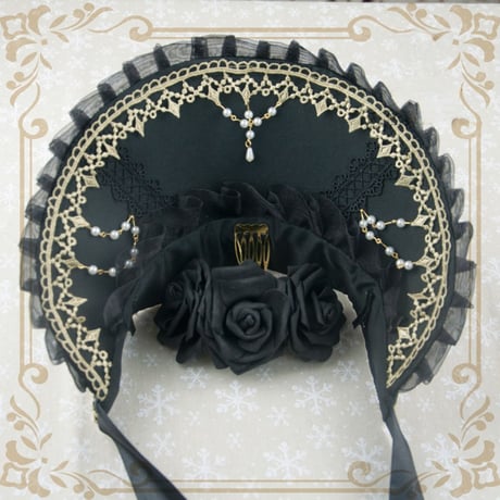ロリータ ボンネット 帽子 ゴスロリ ゴシック ヘッドドレス ヘアアクセサリー 花 薔薇 造花  黒ロリ
