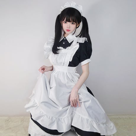 高品質 メイド服 エプロン クラシック ロング ロリータ 3点セット 長袖 半袖 コスプレ  体型カバー