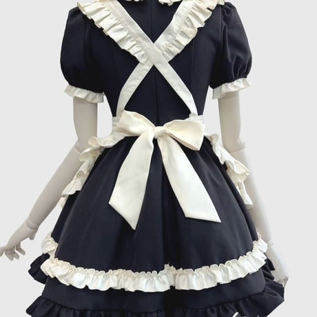クラシカル メイド服 セット ロリィタ 半袖 ワンピース エプロン カチューシャ付き かわいい ミニ丈