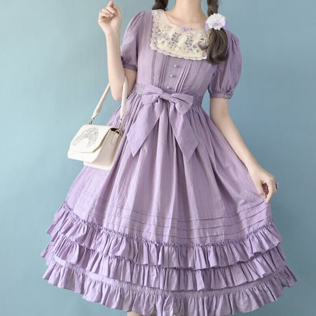 新作 ワンピース ゴスロリ クラロリ 春夏秋 長袖 半袖 選べる カチューシャ セット ドレス ロング丈 ４色 森ガール