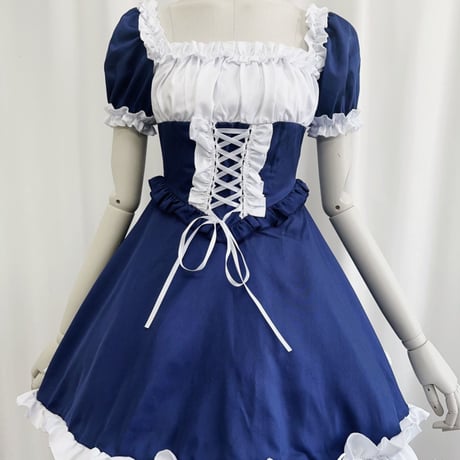 ゆめかわいい メイド服 セット ワンピ エプロン カチューシャ 半袖 十字架 ゴスロリ ミニ丈 フリル