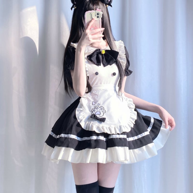 メイド服 メイド ドレス ワンピース エプロン リボン セット 半袖 猫の