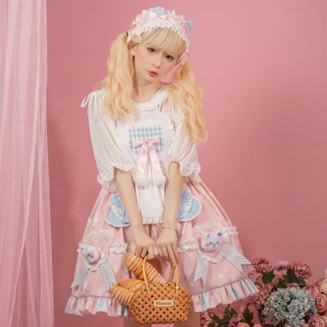 ロリータ メイド服 ジャンパースカート ワンピース エプロン付 ショート丈 メイド お姫様 ロリータドレス 姫 クマ ぬいぐるみ
