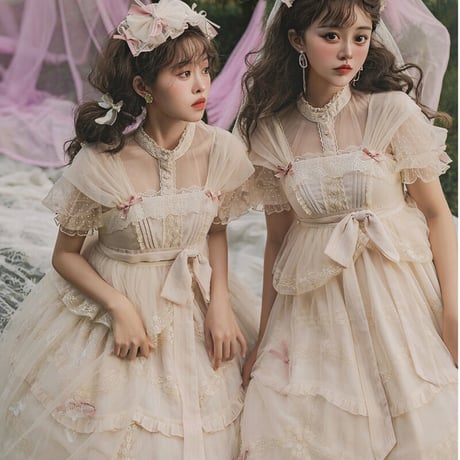 ロリータ ワンピース ドレス ロング ミディアム 選べる丈 JSK ジャンパースカート フレア チュール クラロリ 姫 レース リボン