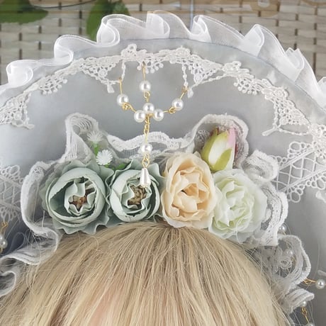 ロリィタ ボンネット 帽子 ヘッドドレス ヘアアクセサリー 髪飾り シルバーグレー 花柄 造花 ハンドメイド
