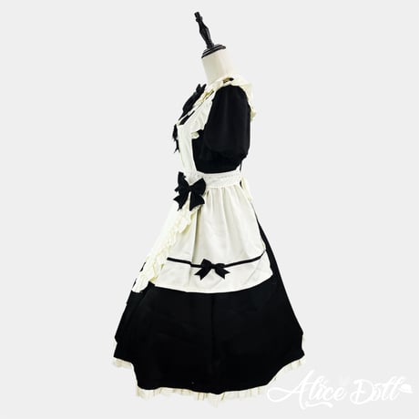 ロリータ ロング丈 メイド服 クラシック メイド ワンピース エプロン カチューシャ 付け袖 長袖 半袖