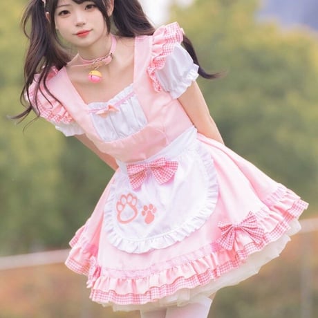 コスプレ 衣装 メイド服 ワンピース エプロン カチューシャ付き セット ロリィタ かわいい ネコ 猫 猫耳