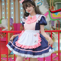 メイド服 メイド ワンピース エプロン カチューシャ 猫の肉球 ストライプ 半袖 ミニ丈 コスプレ ドレス
