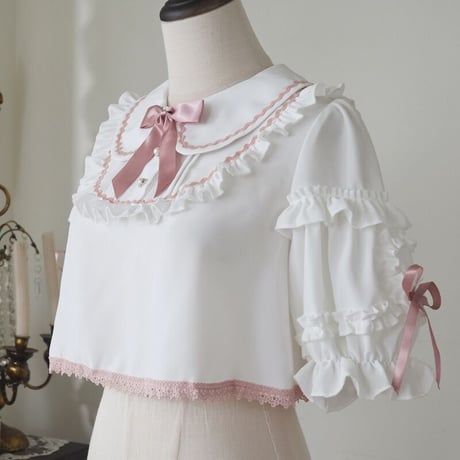 ロリータファッション ロリィタ ブラウス シャツ Lolita ショート丈 半袖 可愛い ホワイト ピンク