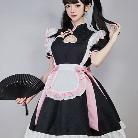 メイド服 中華風 ロリータ ゆめかわいい チャイナ服 チャイナドレス 露出 ワンピース エプロン 髪飾り付き セット