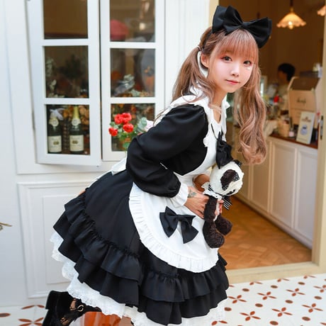 メイド服 ロリータ メイド 3点セット エプロン ドレス ワンピース 制服 コスプレ 半袖 長袖