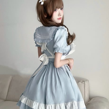 セーラー風 メイド服 セーラーワンピース ロリータ コスプレ ドレス ワンピース エプロン付き リボン 半袖