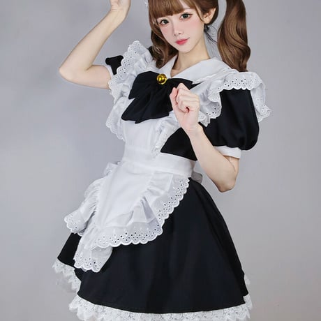 メイド服 ワンピース レース ヘアドレス付き 半袖 ゴスロリ ゴシックロリータ コスプレ ふんわり かわいい