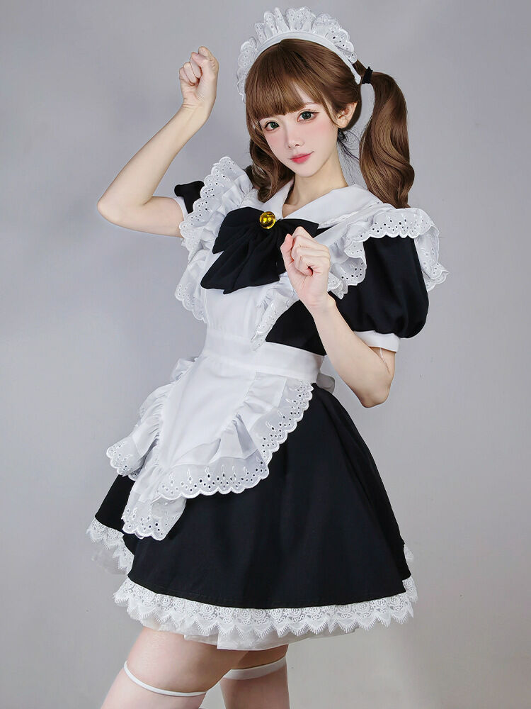 メイド服 ワンピース レース ヘアドレス付き 半袖 ゴスロリ ゴシック