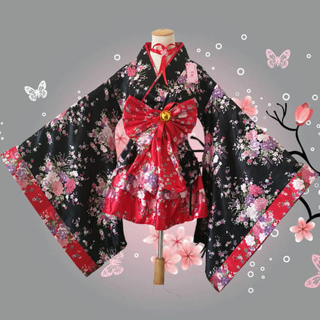 レディース 桜 コスプレ ６点セット アニメ服 和服 浴衣 スカート チョーカーなど レッド ピンク